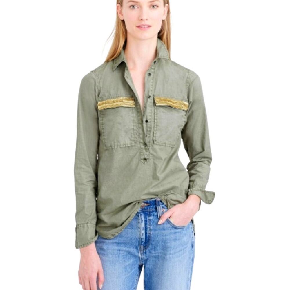 J.Crew Beaded Chevron Popover Shirt Sage Green Size 8